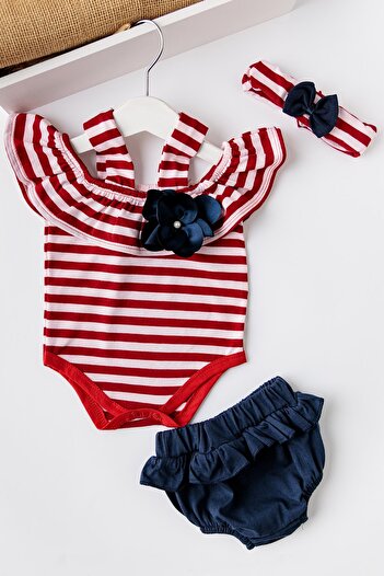 Babymod Baby Girl Red Striped Bandana Jumpsuit Set