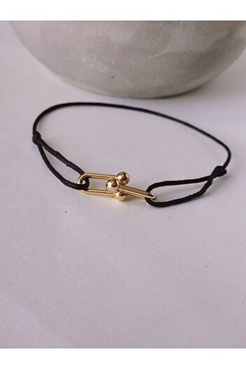 Eva Takı Tiffan Paperclip Model - Gold Black Bracelet, Leather String Handmade