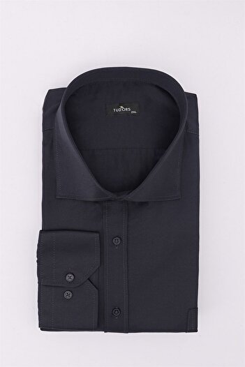 Tudors Navy Blue Satin Men's Shirt - Long Sleeve, Large Size