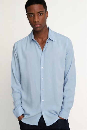 Tudors Slim Fit Μακρυμάνικο Slim Fit Flower Viscose Stylish ανδρικό πουκάμισο μπλε