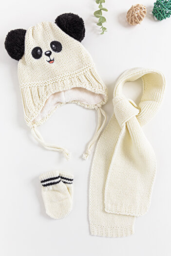 Babymod Panda Figured 0-18 Months Baby Boy Scarf Beanie Gloves Set