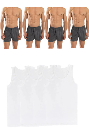 Pi Giyim Set of 8 Men's Underwear (4 White Undershirts + 4 Smoked Boxers) Combed Cotton Towel Waist