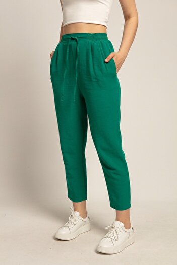 Suziş Emerald Green Linen Trousers - Elastic Waist, Textured 50826