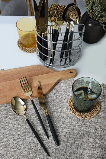 Hira Istanbul Gold - 18 Piece Black Pearlescent Spoon and Knife Set