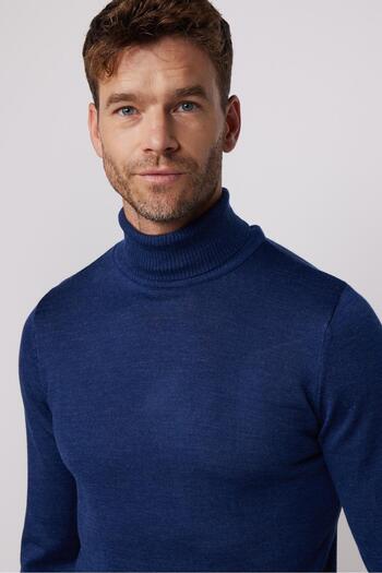 Tudors Men's Slim Fit Slim Fit Full Turtleneck Solid Wool Sax Blue Knitwear Sweater