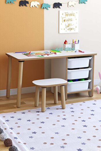 OBİ Atölye Çocuk Çalışma Masası 90x45 Cm 3 Sepetli Çocuk Masa Tabure Seti Oyun & Aktivite Masası
