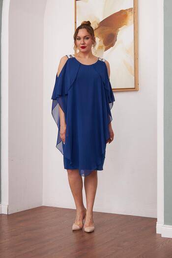 RMG Shoulder Stone Detailed Chiffon Large Size Saks Dress (Wide Size, Choose 1 Size Smaller)