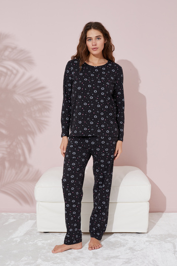 Siyah İnci Heart Patterned Black and White Cotton Pajamas Set