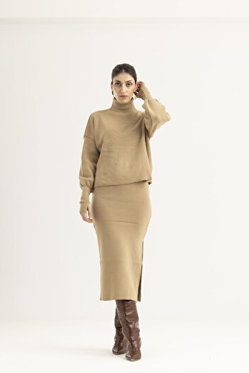 Lefon Milk Coffee Knitwear Skirt Set