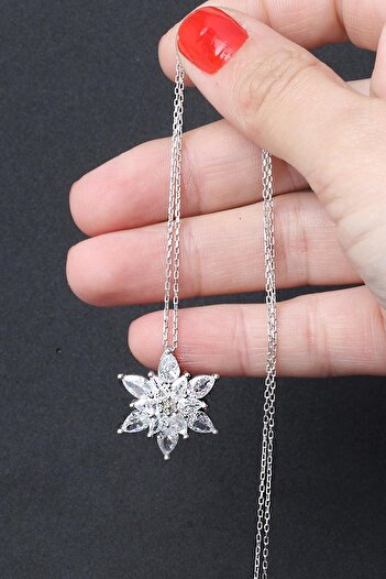 BY BARUN SİLVER Lotus Çiçegi Kolye Yıldız Damla Zirkon Taşlı Beyaz Silver 925 Ayar Gümüş Zincir Kolye