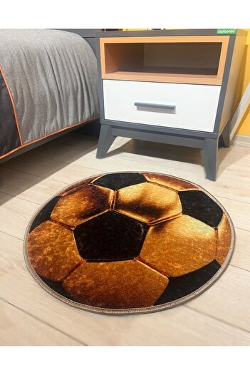 Brillant Futbol Topu Desenli Yıkanabilir Yuvarlak Çocuk Genç Halısı - Altın