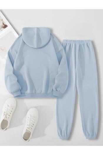 AFROGİYİM Σετ αθλητικής φόρμας Baby Blue Oversize με κουκούλα - Unprinted