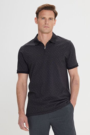 ALTINYILDIZ CLASSICS Men's Black Slim Fit Narrow Cut Zipper Collar 100% Cotton Printed T-Shirt