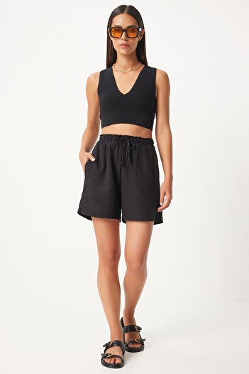 Happiness İstanbul Muslin Women's Shorts - Black, Pocket, MX00168