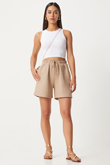 Happiness İstanbul Beige Muslin Women's Shorts - Pockets, MX00168