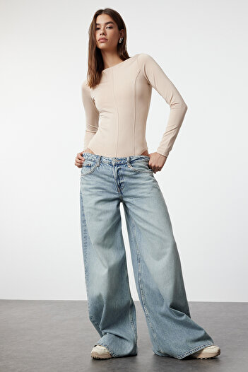 Trendyol Collection Flexible and Stone Colored Boat Neck Piping Detailed Body - TWOAW25BD00002