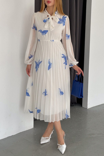 Edit by Trendyol Pleated Chiffon Maxi Dress - Ecru Floral, Regular Fit TEDAW25EL00009