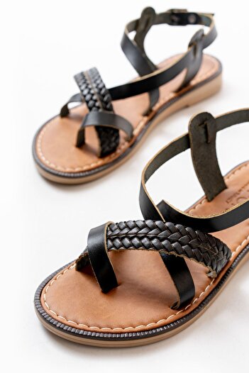 Aymood 205-09 Black Orthopedic Genuine Leather Women's Sandals