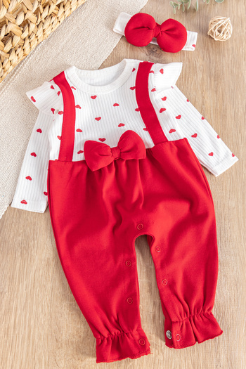 Babymod Heart Patterned Bow Detailed Bandana Jumpsuit for Baby Girl
