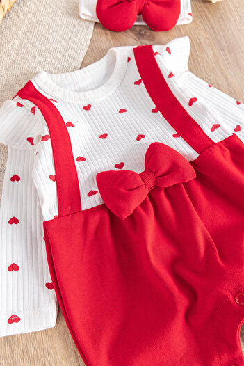 Babymod Heart Patterned Bow Detailed Bandana Jumpsuit for Baby Girl