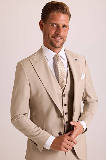 Ysf Erkek Krem Slim Fit Sivri Yaka Yelekli Takım Elbise