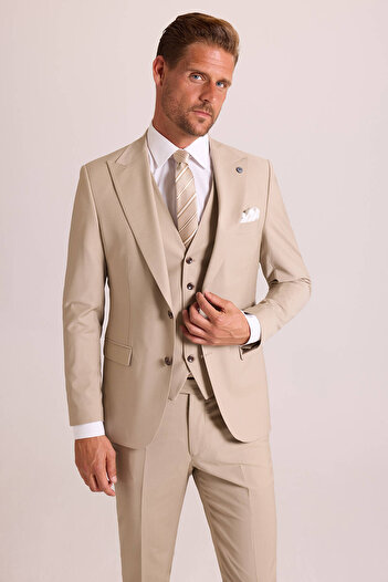 Ysf Erkek Krem Slim Fit Sivri Yaka Yelekli Takım Elbise
