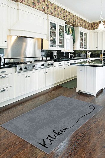 Viva Home Antrasit Kaymaz Tabanlı Kitchen Yazılı Mutfak Halısı Yolluk VH088