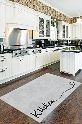 Viva Home Gri Kaymaz Tabanlı Kitchen Yazılı Mutfak Halısı Yolluk VH086