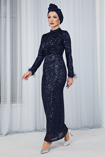 TOFİSA Γυναικείο βραδινό φόρεμα Navy Blue - Straight Chief Collar - 23653