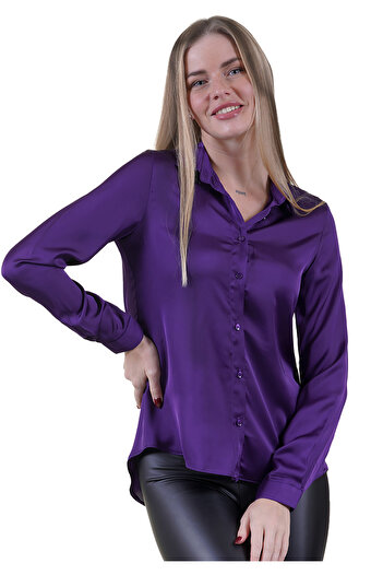 Exve Exclusive Purple Lightly Flowing Back Gusseted Satin Woven Women's Shirt