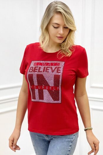 RICH GLAM Written Crystal Stone Large Size Crew Neck Short Sleeve Cotton Comfortable Stylish Red Women's T-Shirt T-Shirt