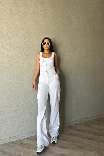 Seda Yalçın Atelier Crop Cargo Pants Set - White Zipper Detailed