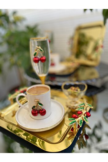 atabey home collection 6'lı Kahve & Çay & Sunum Tepsisi Gold Tepsi ZEYTİN DALI & KİRAZ MODELE UYUMLU