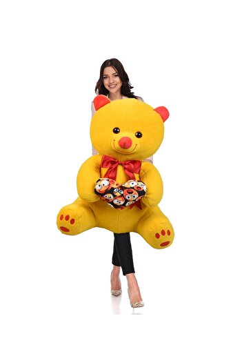 Sole Emoji Temalı Kalpli Fiyonklu Sarı Ayıcık 70-80 Cm - % 100 Yerli