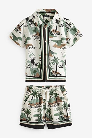 Next Baby Green Ecru Dino Patterned Short Sleeve Shorts Set