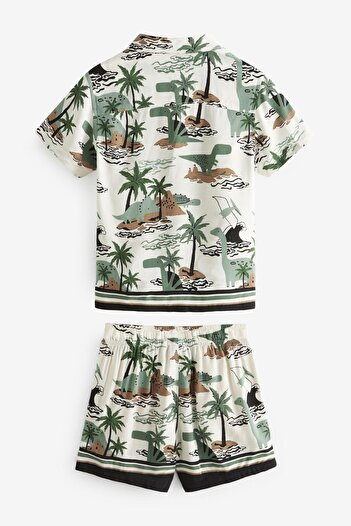 Next Baby Green Ecru Dino Patterned Short Sleeve Shorts Set