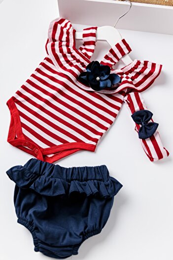 Babymod Baby Girl Red Striped Bandana Jumpsuit Set