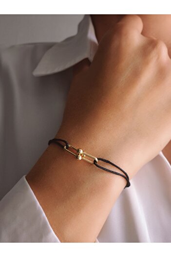 Eva Takı Tiffan Paperclip Model - Gold Black Bracelet, Leather String Handmade