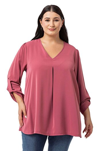 DISENTIS MODEST V-Neck Plateau Sleeve Dried Rose Plus Size Blouse