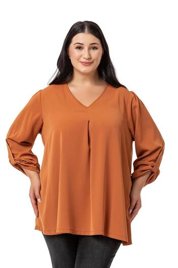 DISENTIS MODEST V-Neck Plateau Folded Cinnamon Blouse - Plus Size