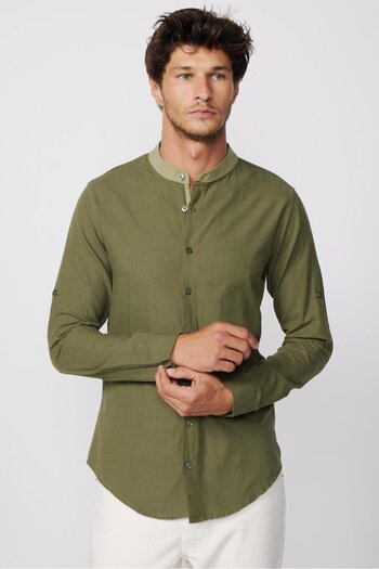 Tudors Prevailing Collar Slim Fit Khaki Shirt - Long Sleeve, 100% Cotton, Epaulet