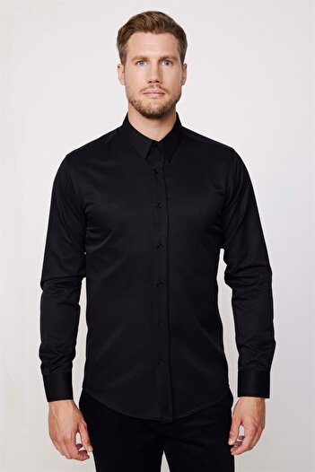 Tudors Moderní pánská černá košile Slim Fit s dlouhým rukávem z bavlny Easy Iron Dobby