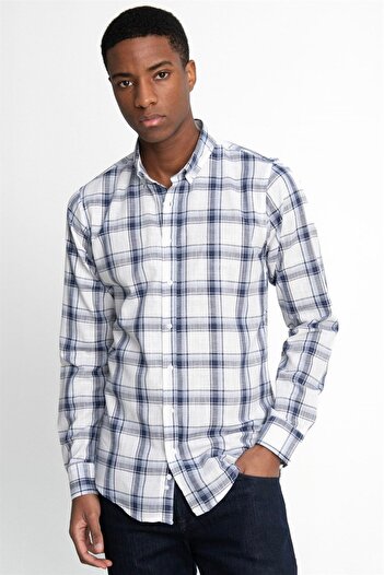 Tudors White Men's Shirt - 100% Cotton Linen, Slim Fit Checkered Button Collar, Long Sleeve