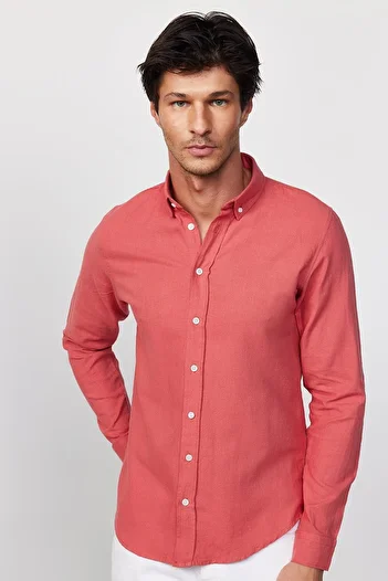 Tudors Slim Fit férfi karcsúsított hosszú ujjú 100% pamut vászon textúra gombos gallér poros rózsa színű ing