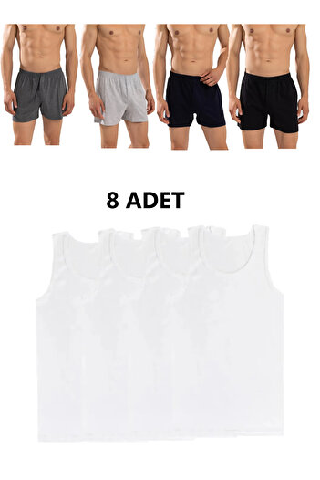 Pi Giyim Set of 8 Men's Underwear (4 White Undershirts + 4 Boxers) Combed Cotton Towel Waist