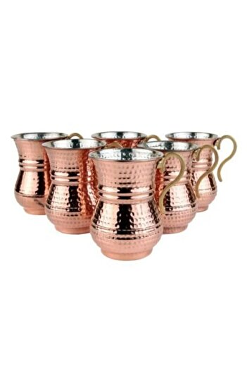 GABAALTI Copper Ayran Glass |    Buttermilk Water Glass with Hand Tattoo Handle 6 Pieces