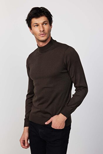 Tudors Men's Slim Fit Slim Fit Half Turtleneck Plain Coffee Knitwear Sweater
