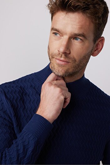 Tudors Navy Blue Slim Fit Knitwear Sweater - Half Turtleneck, Patterned Non-Pilling