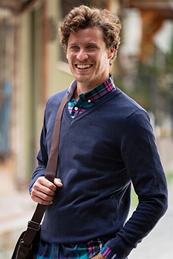 Tudors Ανδρικό πλεκτό πουλόβερ V-Neck Slim Fit - Βαμβακερό μπλε