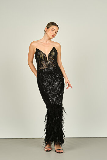 Maxra Govana Strapless Deep V Neck and Corsage Waist - Transparent Fish Form 7102 Si Evening Dress